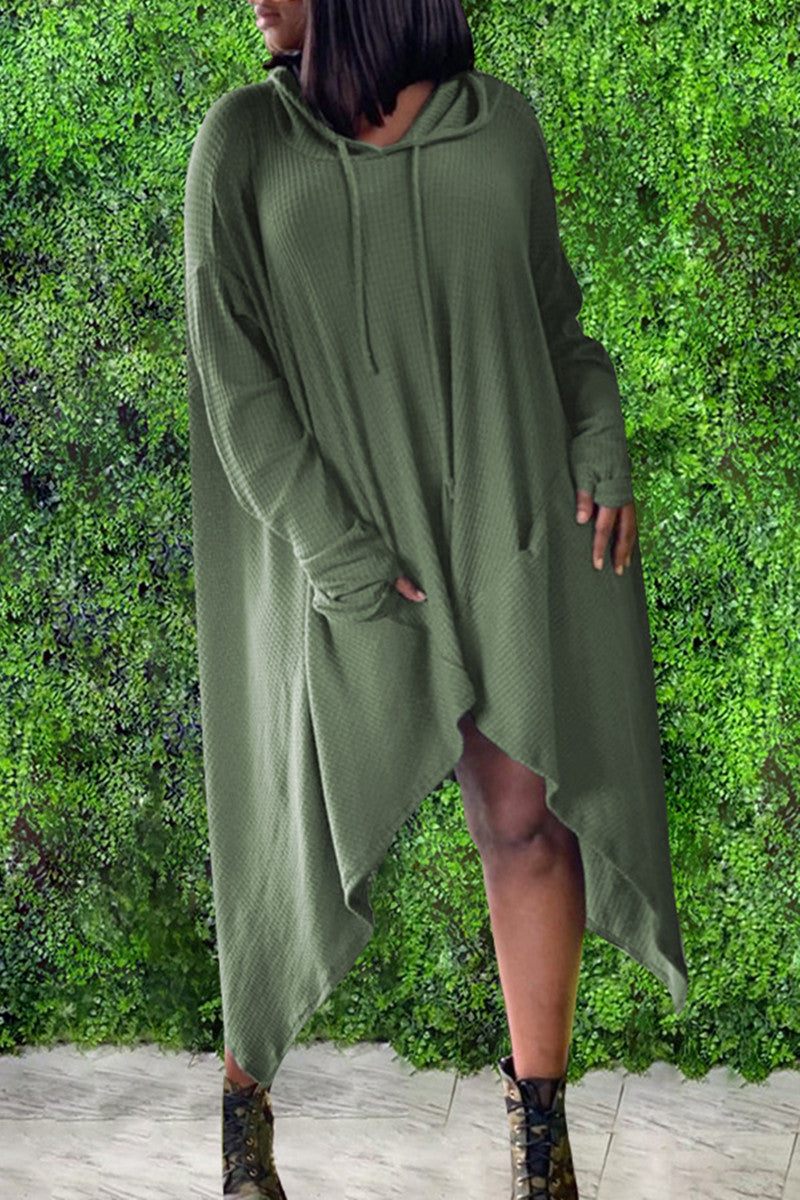 Army Green Fashion Casual Solid Asymmetrical Hooded Collar Long Sleeve Dresses