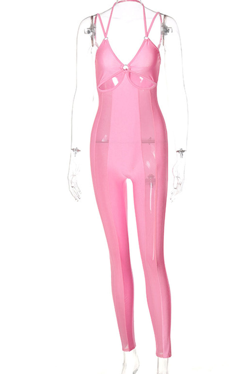 Pink Sexy Solid Hollowed Out Split Joint See-through Backless Spaghetti Strap Skinny Jumpsuits