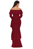 Burgundy Lantern Sleeve Asymmetric Ruffle Hem Evening Dress