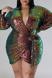 Casual Patchwork Bronzing Sequins Frenulum V Neck Long Sleeve Plus Size Dresses