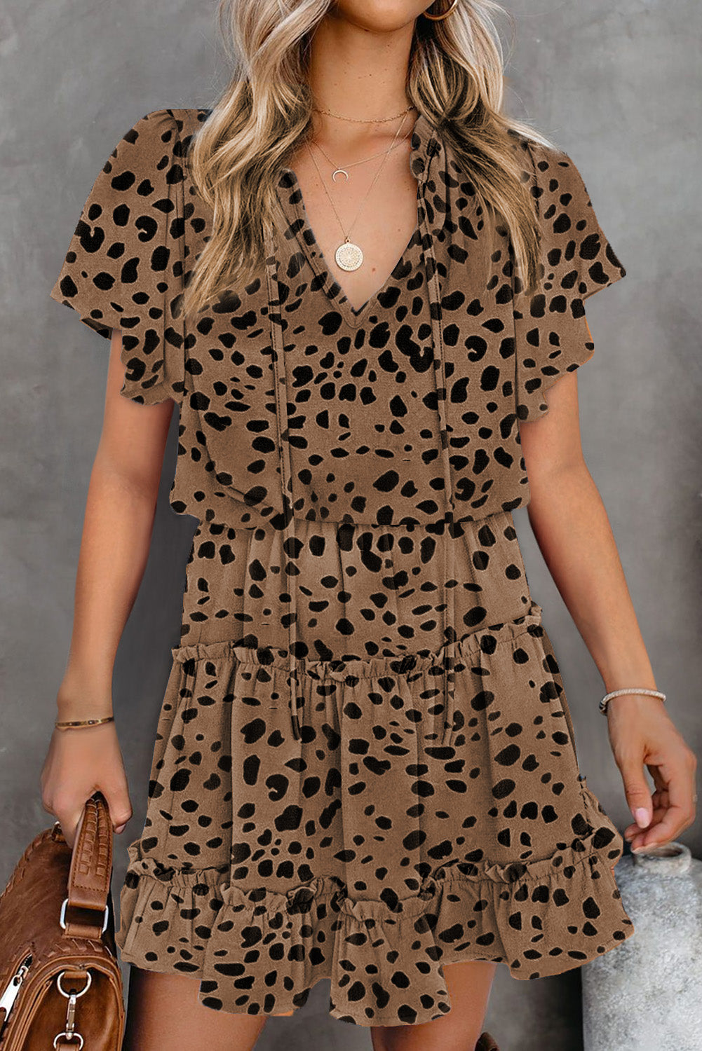 Cheetah Print Split Neck Flutter Sleeve Flowy Tunic Mini Dress
