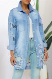 Light Blue Fashion Casual Butterfly Print Ripped Turndown Collar Long Sleeve Regular Denim Jacket