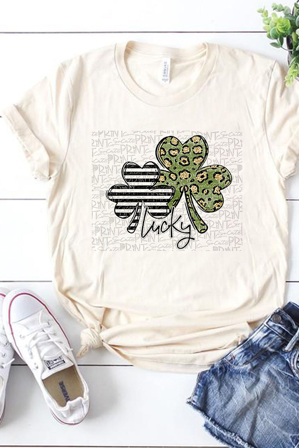 Striped Leopard Shamrock Letters Graphic Tee
