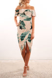 Palm Leaf Off-shoulder Ruffle Bodycon Midi Dress with Slit