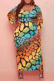 Multicolor Fashion Casual Plus Size Print Basic U Neck Long Sleeve Dresses