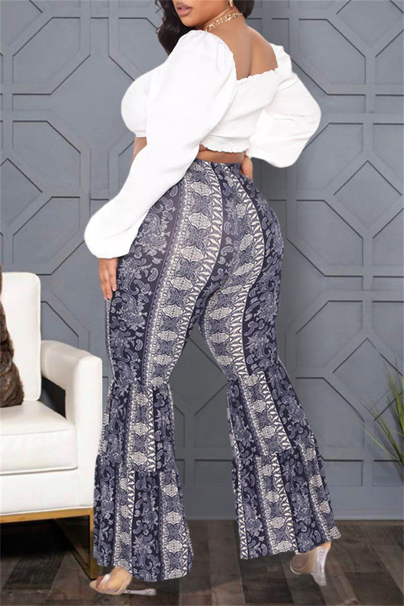 Deep Blue Fashion Casual Print Basic Plus Size High Waist Trousers